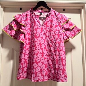 NWOT SHEIN Floral Pink Ruffle Sleeve Top Size Medium